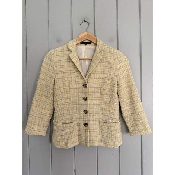 Theory Butter Yellow Plaid Tweed Blazer Jacket 0 3/4 Sleeve Cotton Lined Y2K - Picture 1 of 7